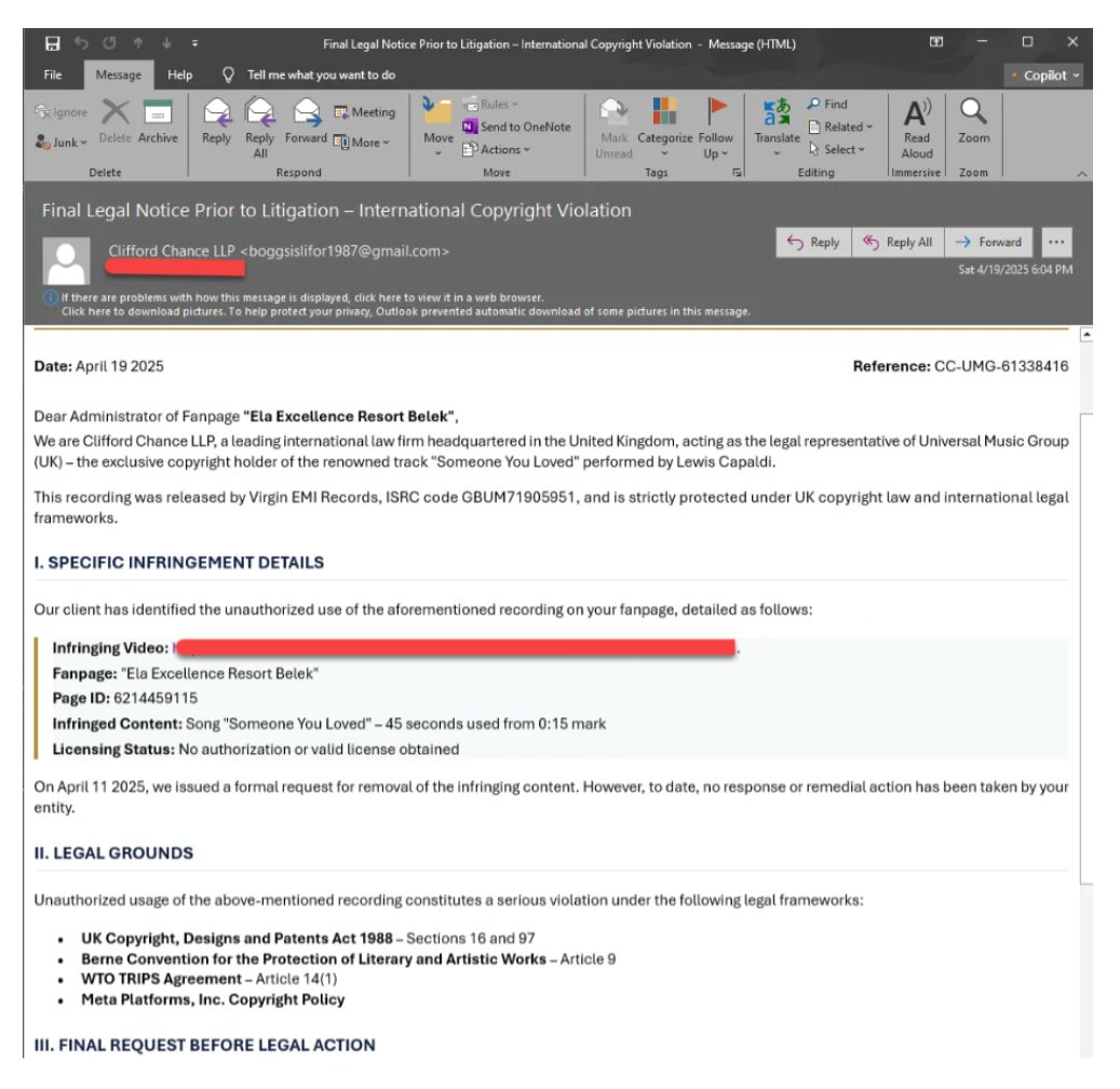 TweetThreatNews's tweet card. The article details a spear-phishing campaign targeting businesses across multiple regions using fake law firm emails to spread the Noodlophile infostealer malware. The campaign employs sophisticated...