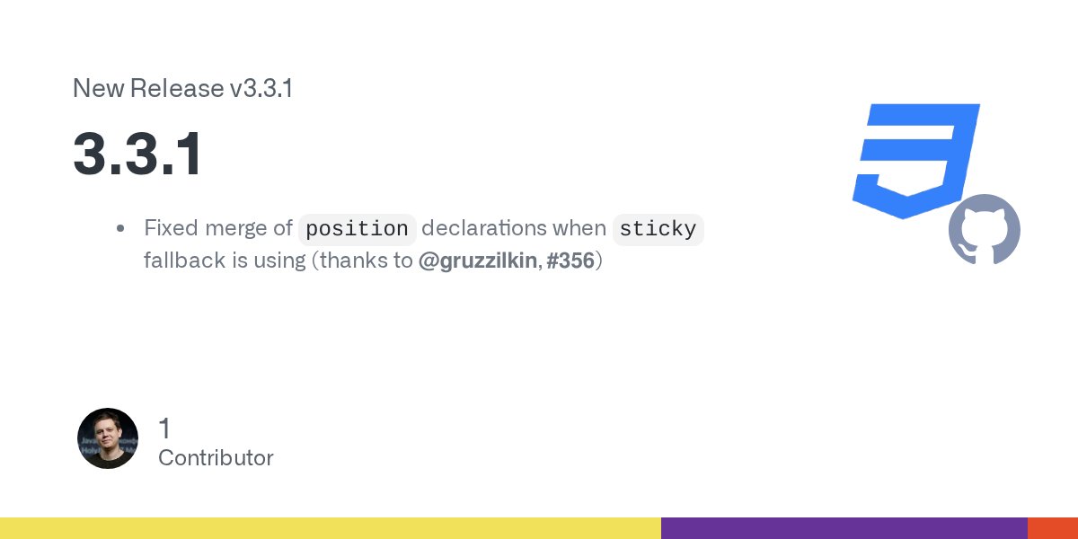 cssoptimizer's tweet card. Fixed merge of position declarations when sticky fallback is using (thanks to @gruzzilkin, #356)