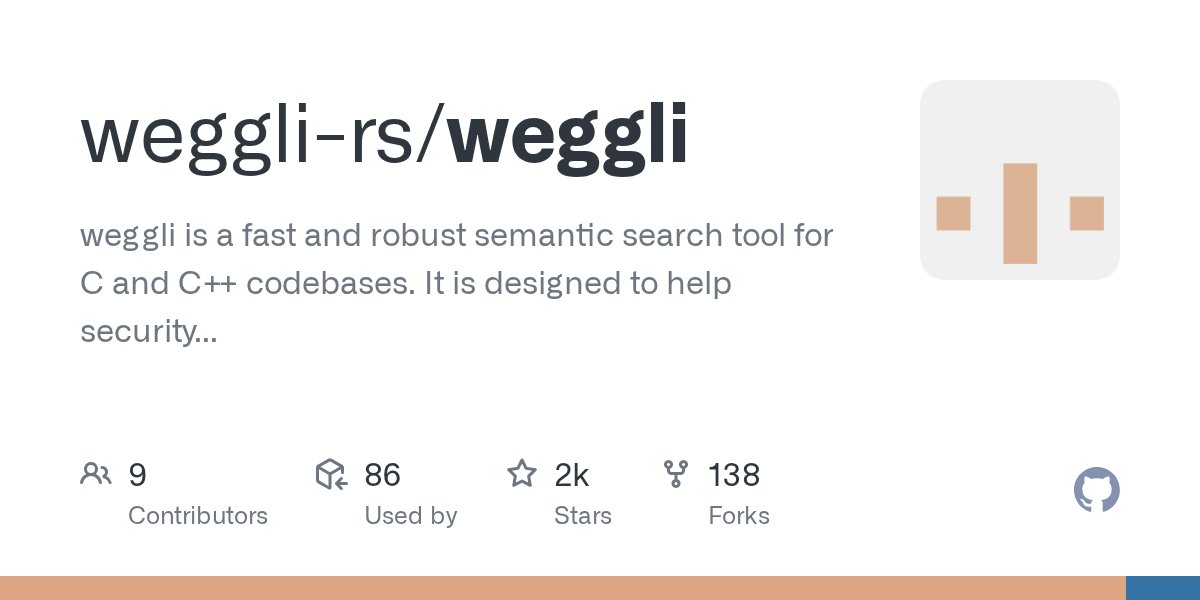 0xdea's tweet card. weggli is a fast and robust semantic search tool for C and C++ codebases. It is designed to help security researchers identify interesting functionality in large codebases. - weggli-rs/weggli