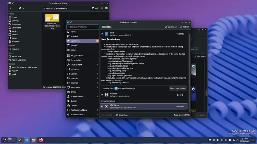 phoronix's tweet card. KDE developer Nate Graham describes this week as having seen a 'massive amount of stability work' for the Plasma 6.5 desktop