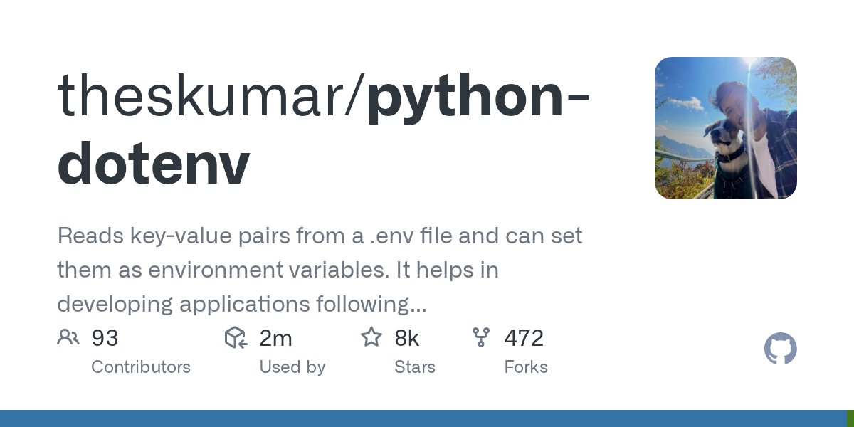DevAsService's tweet card. Reads key-value pairs from a .env file and can set them as environment variables. It helps in developing applications following the 12-factor principles. - theskumar/python-dotenv