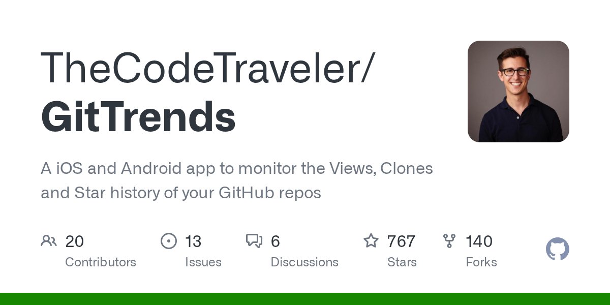 TheCodeTraveler's tweet card. A iOS and Android app to monitor the Views, Clones and Star history of your GitHub repos - TheCodeTraveler/GitTrends