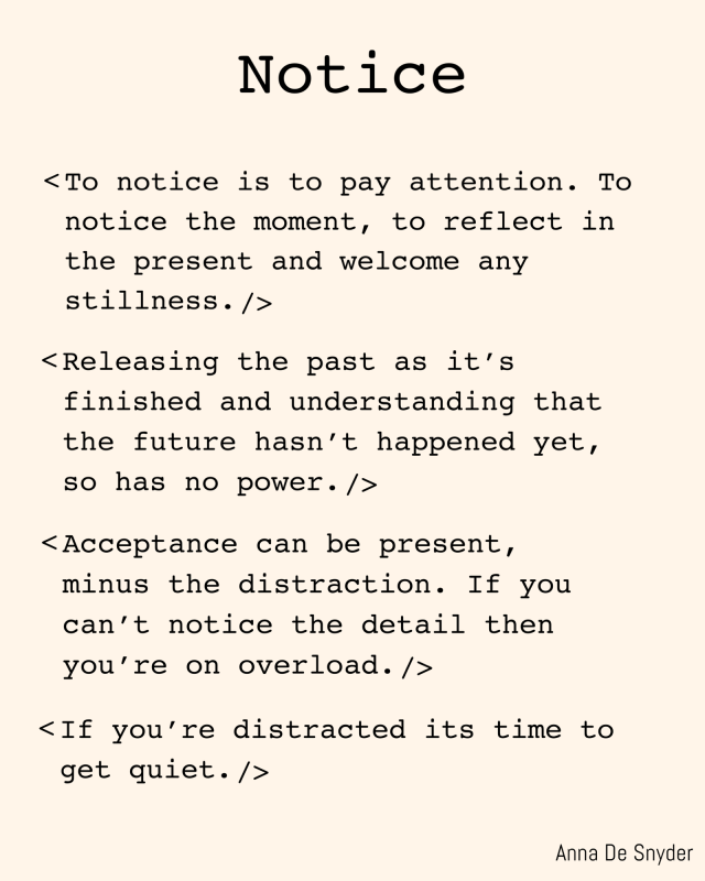 annadesnyder's tweet card. Dear friends old and new, Noticing the present moment doesn’t exist in the future. We can either be forward thinking or dwelling on the past. If we allow ourselves some daily time to be still or ac…