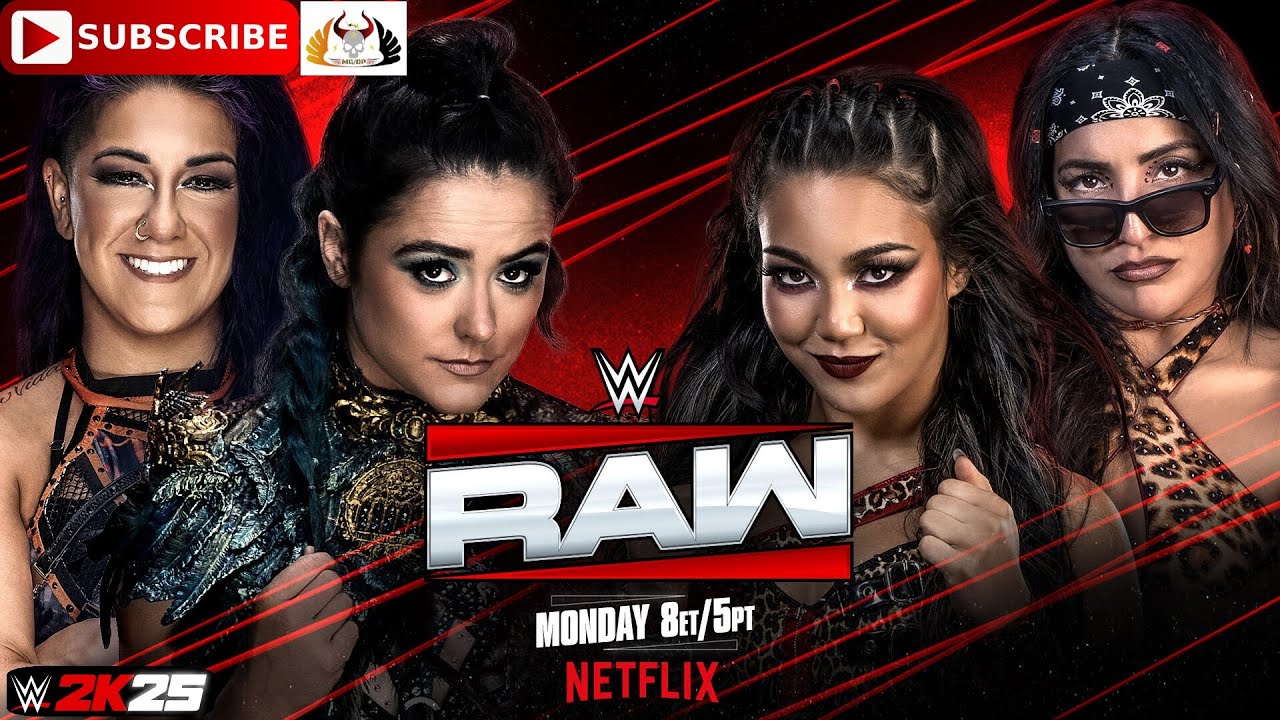 Daminous_Purity's tweet card. WWE Raw On Netflix 2025 Bayley and Lyra Valkyria vs. Raquel Rodriguez...