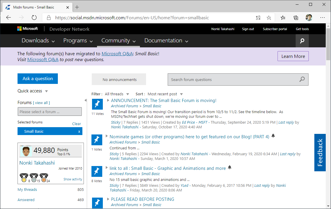 Small_Basic's tweet card. With the retirement of MSDN, Small Basic Forum has been migrated to Small Basic on Q&A.