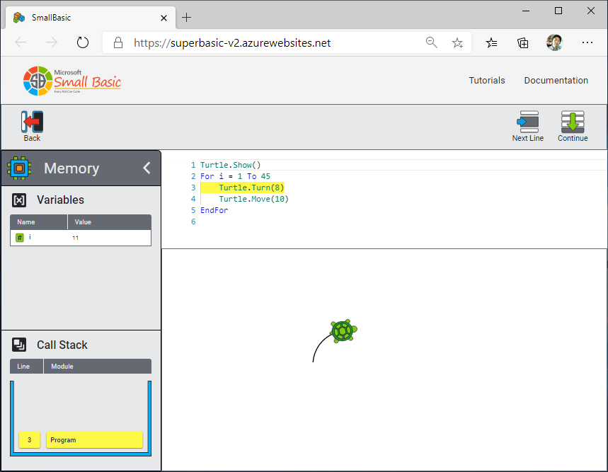 Small_Basic's tweet card. You can learn how your program works with Debug mode in Small Basic Online.