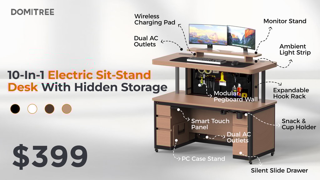 BloggersHub_'s tweet card. Smart Lift System, Hidden Pegboard Storage, Height Adjustment, Built-in Charging, Three-Tier Workspace, Lighting & More.