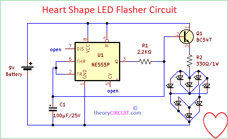 theorycircuit's tweet card. Heart Shape LED Flasher circuit using Timer IC 555 is one of those simple and cute circuit that is not only makes a great gift or DIY decoration but also…