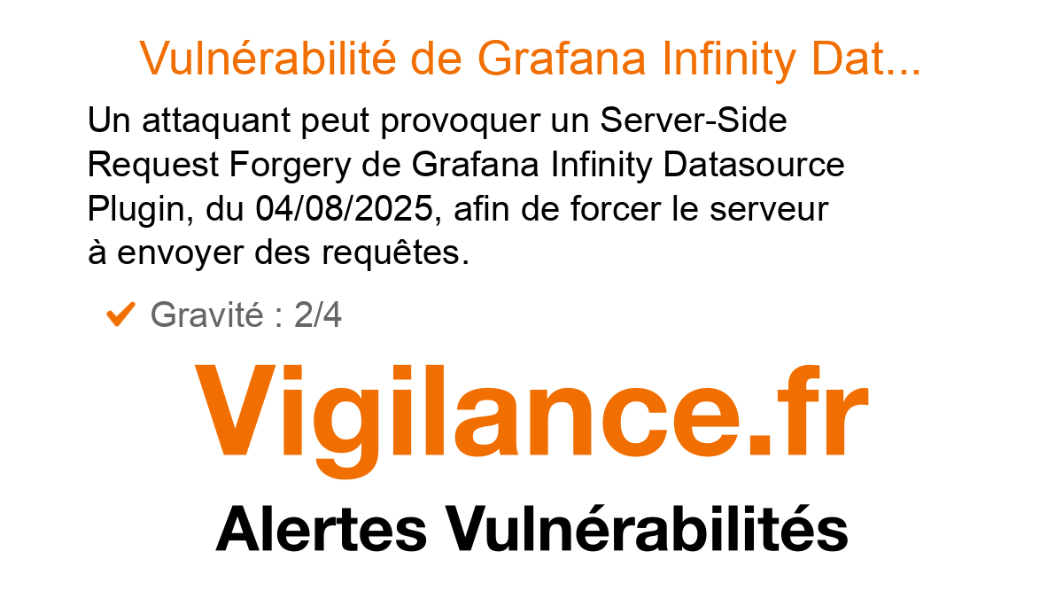 vigilance_fr's tweet card. Un attaquant peut provoquer un Server-Side Request Forgery de Grafana Infinity Datasource Plugin, du 04/08/2025, afin de forcer le serveur à envoyer des requêtes, identifié par CVE-2025-8341.