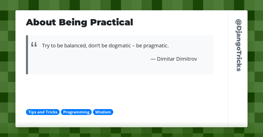 DjangoTricks's tweet card. About Being Practical