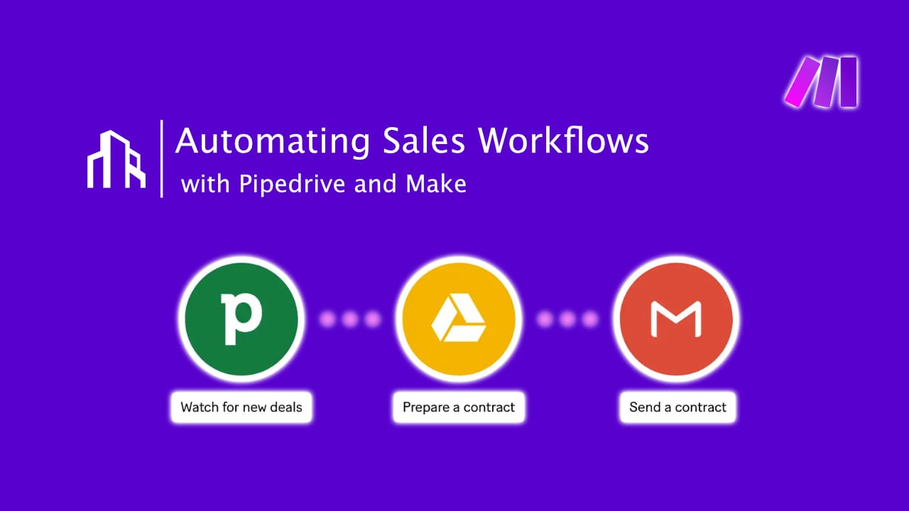scalevise's tweet card. Discover how to automate your entire sales process by integrating Pipedrive with Make. Capture leads, trigger workflows, and accelerate deals