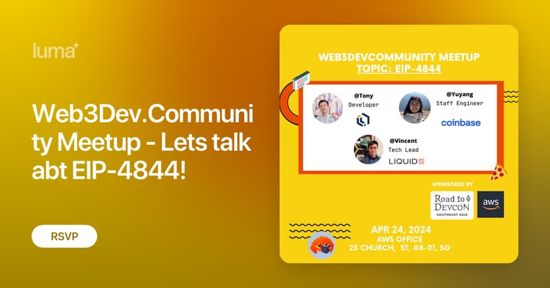Web3DevC's tweet card. Dencun upgrade was a huge success! Lets regroup and learn from how is Ethereum evolving with EIP-4844. Excited to say this event is supported by Devcon team's…