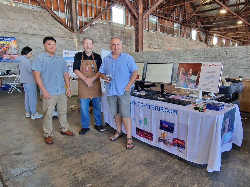 GOWIN_SEMI's tweet card. Verilog Meetup booth at Maker Faire in Vallejo, California. We use Gowin boards to introduce RTL to kids and curious by creating games on LCD screen using SystemVerilog.