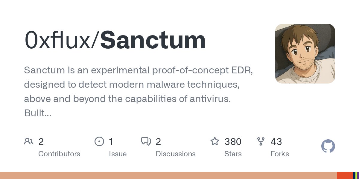 0xfluxsec's tweet card. Sanctum is an experimental proof-of-concept EDR, designed to detect modern malware techniques, above and beyond the capabilities of antivirus. Built in Rust. - 0xflux/Sanctum