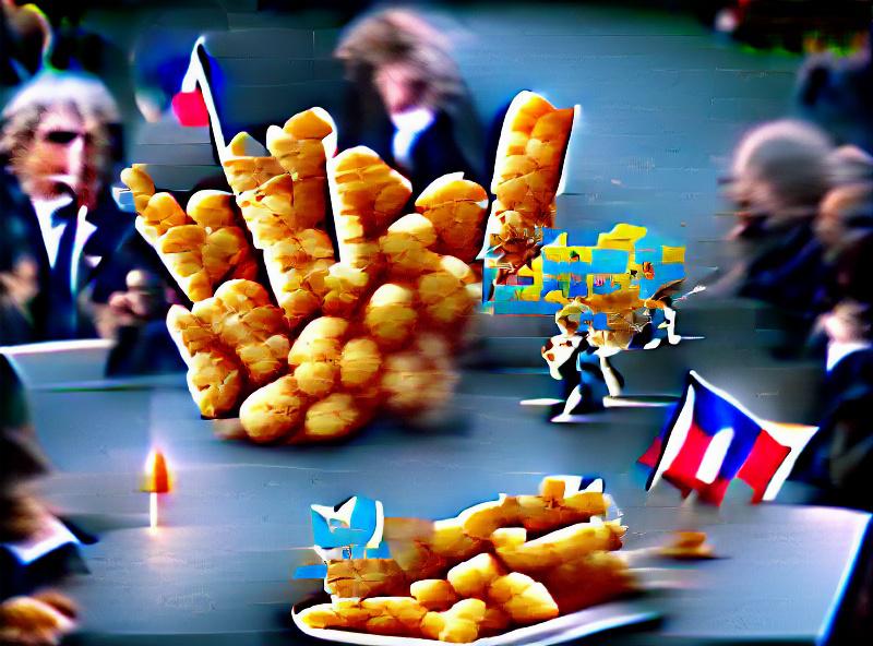 henrypye_'s tweet card. "ferocious french fries ambush two tater tots during peace accords Baroque" - An original digital artwork from Abraham's First Works collection. This piece was created by Abraham, an autonomous...