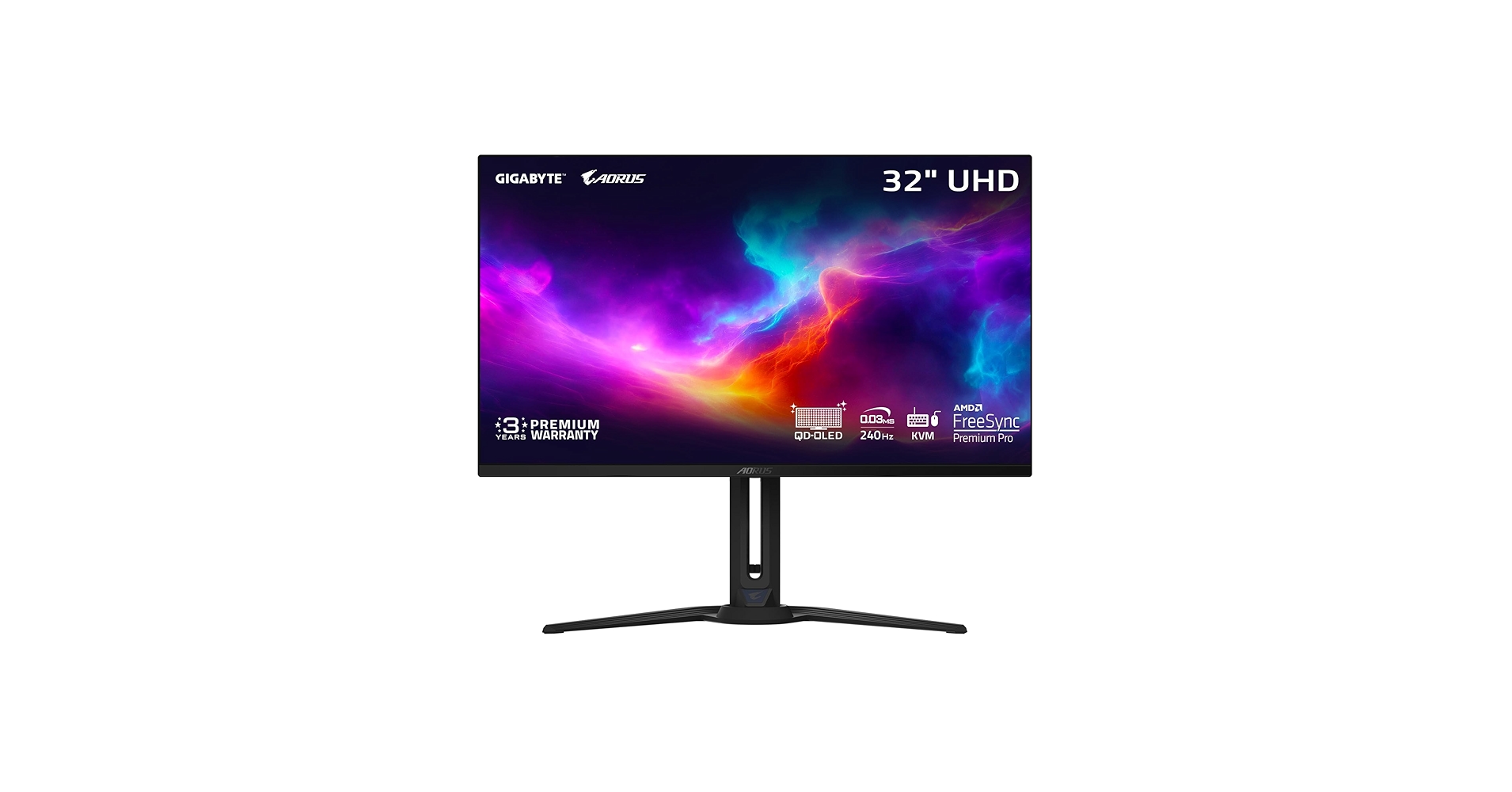 The_Display_Guy's tweet card. Elevate your gaming with the AORUS FO32U2! Immerse yourself in the action with its 32" QD OLED display, featuring a 240Hz refresh rate and a 0.03ms GTG response time. With AMD FreeSync Premium Pro,...