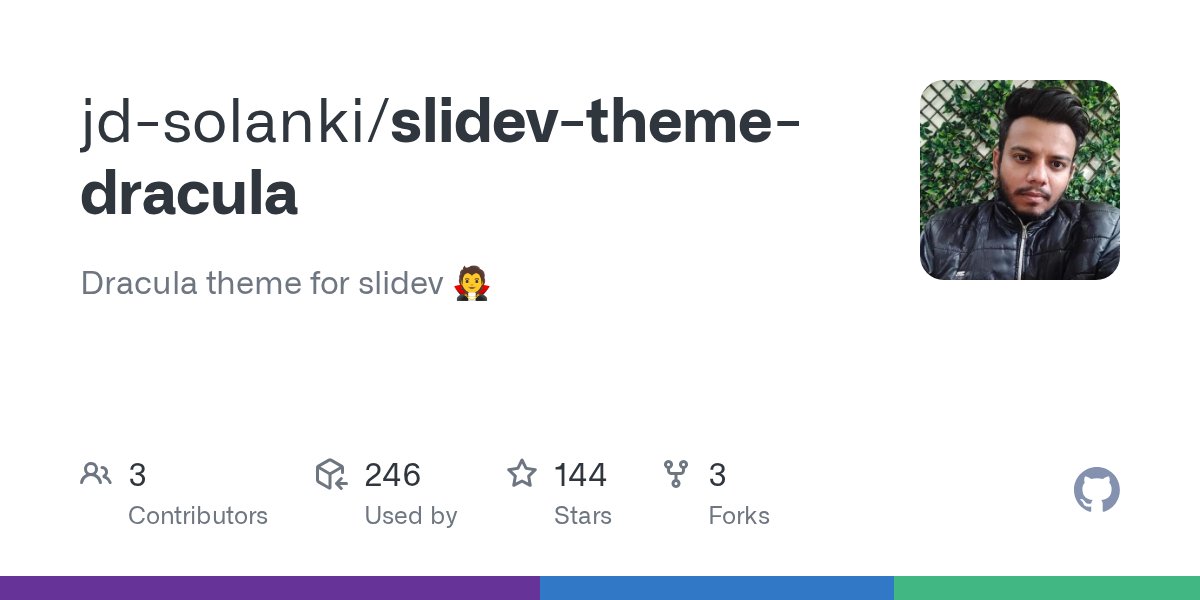 me_jd_solanki's tweet card. Dracula theme for slidev 🧛. Contribute to jd-solanki/slidev-theme-dracula development by creating an account on GitHub.