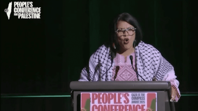 clarionproject's tweet card. During People's Conference for Palestine in Detroit, Sachin Peddada called U.S. evil and urged attendees to destroy the idea of America.