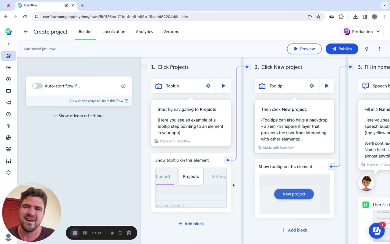 getuserflow's tweet card. Test Auto-start with Preview l Userflow