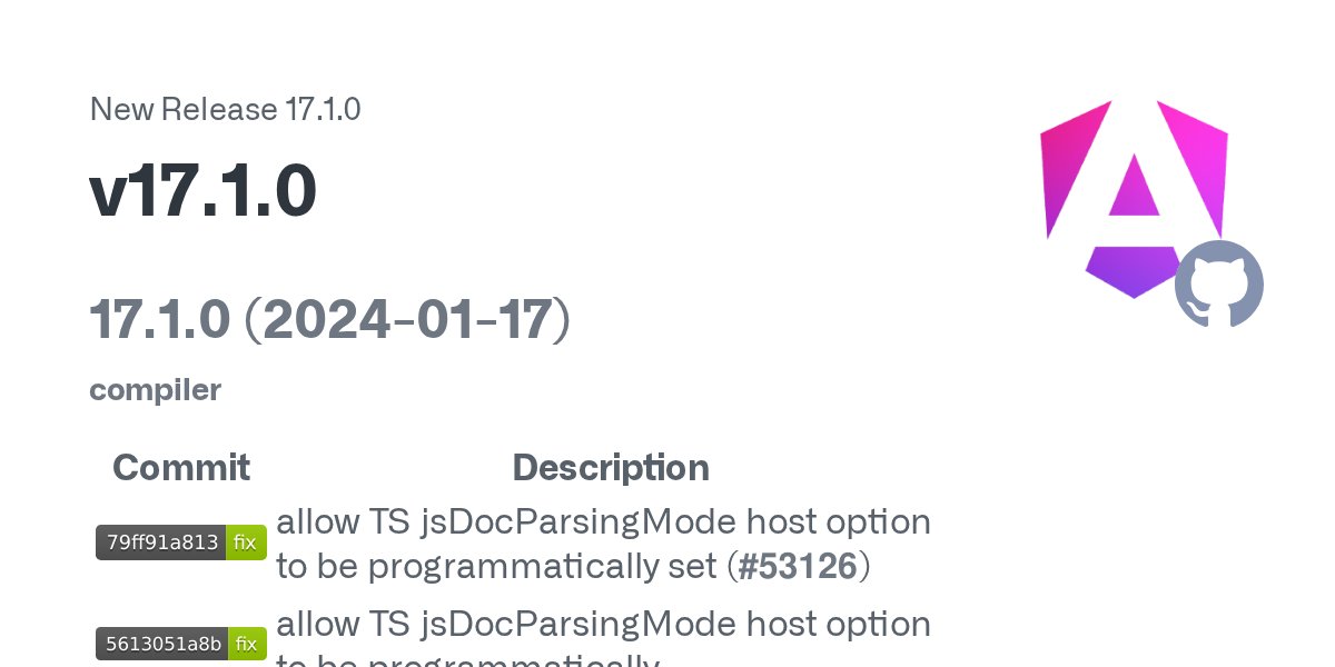 Jean__Meche's tweet card. 17.1.0 (2024-01-17) compiler Commit Description allow TS jsDocParsingMode host option to be programmatically set (#53126) allow TS jsDocParsingMode host option to be programmatically set...