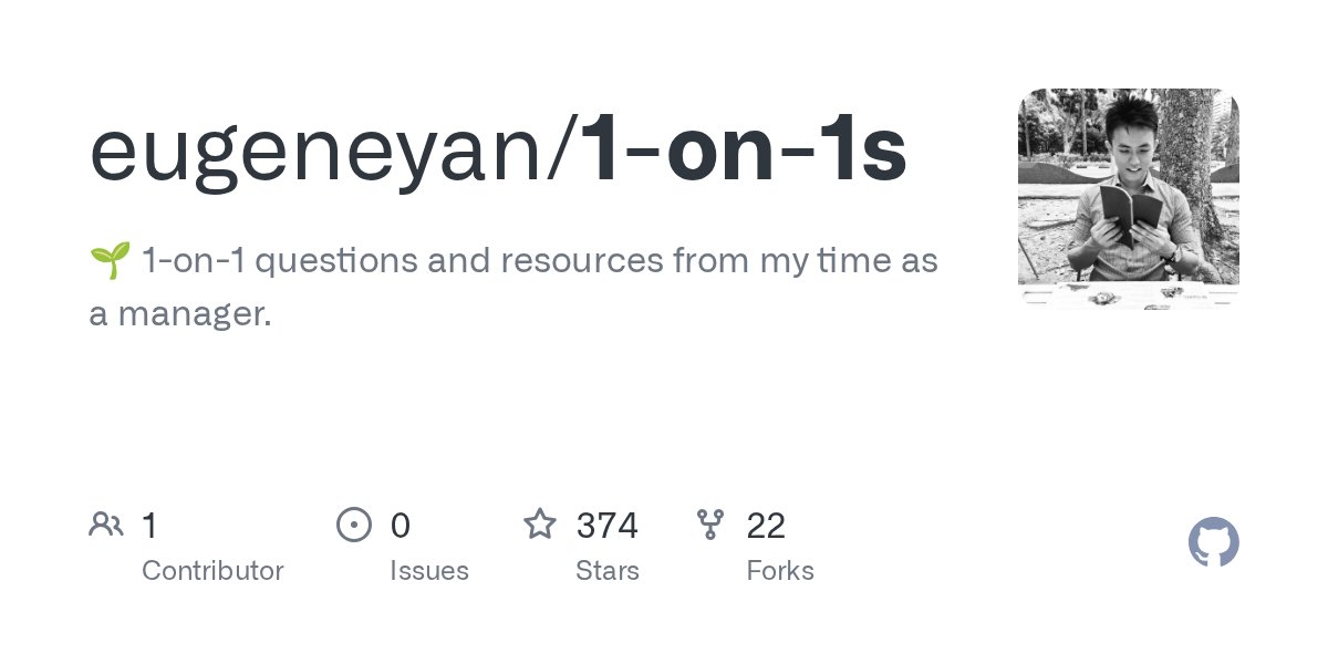 JekiCode's tweet card. 🌱 1-on-1 questions and resources from my time as a manager. - eugeneyan/1-on-1s