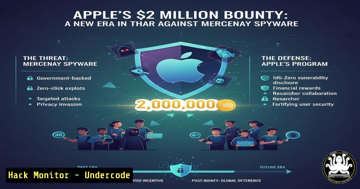 UndercodeUpdate's tweet card. Apple's Million Bounty: A New Era in the War Against Mercenary Spyware - "Undercode Testing": Monitor hackers like a pro. Get real-time updates, AI-powered