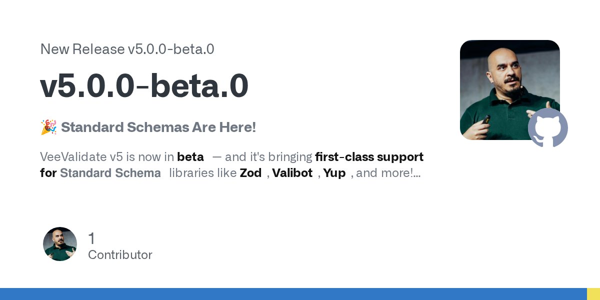 logaretm's tweet card. 🎉 Standard Schemas Are Here! VeeValidate v5 is now in beta — and it's bringing first-class support for Standard Schema libraries like Zod, Valibot, Yup, and more! What does this mean? ✅ No mor...