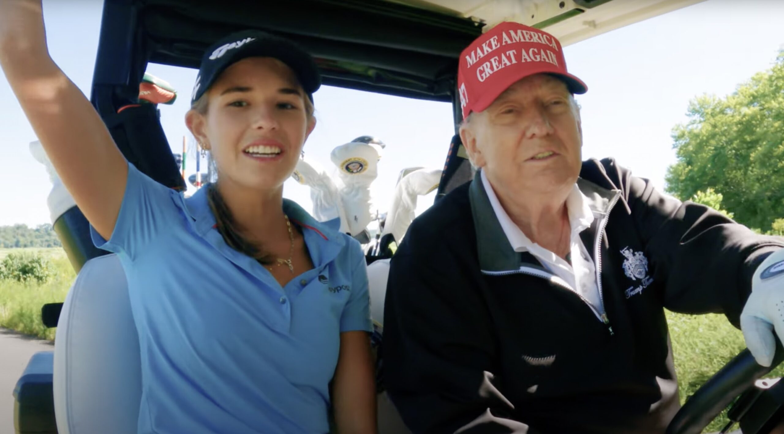 realTuckFrumper's tweet card. President Trump was able to chuckle about nearly getting killed multiple times, saying he has had a few "close calls" while golfing with his granddaughter Kai in a new YouTube video she posted