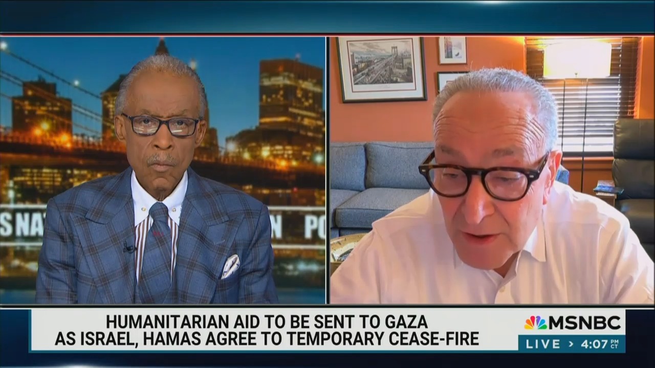 realTuckFrumper's tweet card. Chuck Schumer acknowledged President Donald Trump's efforts to bring peace to Israel and Gaza, but warned that the hostage release was only the first step