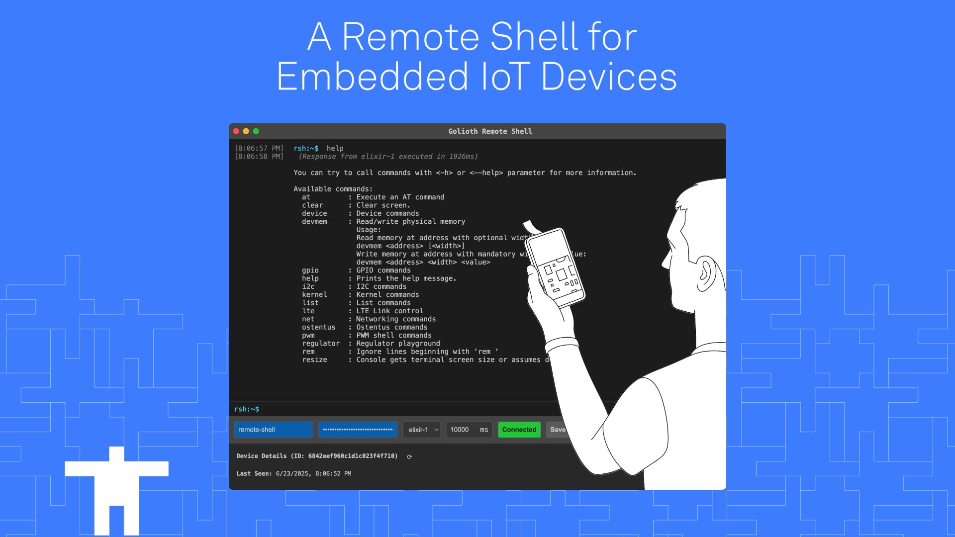 GoliothOfficial's tweet card. Golioth's Remote Shell uses Remote Procedure Calls (RPCs) and a custom Zephyr shell backend to enable an interactive, web-based shell experience from anywhere in the world.