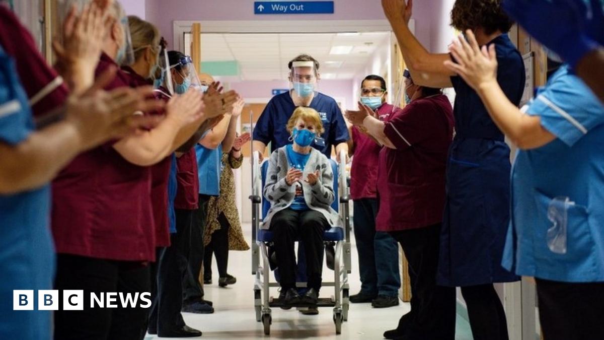 StevenageMVC's tweet card. Margaret Keenan, who turns 91 next week, becomes the first person in the world to get the jab as part of a mass vaccination programme, calling it the "best early birthday present".