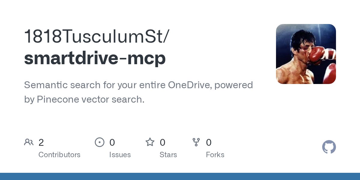 1818TusculumSt's tweet card. Semantic search for your entire OneDrive, powered by Pinecone vector search. - 1818TusculumSt/smartdrive-mcp