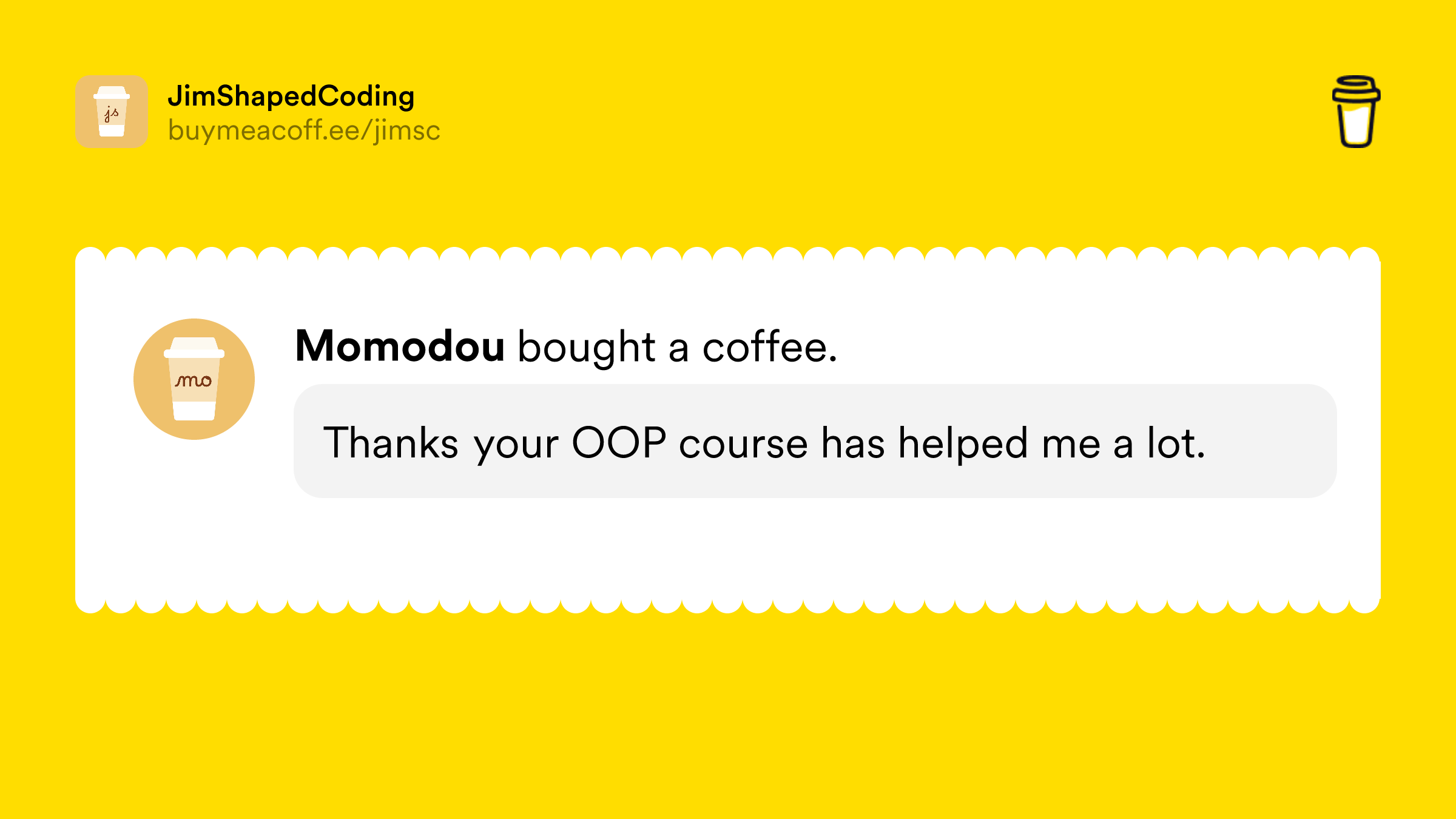 jimshapedcoding's tweet card. Hey 👋 I just created a page here. You can now buy me a coffee!
