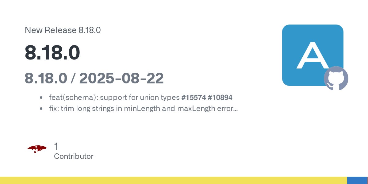 mongoosejs's tweet card. 8.18.0 / 2025-08-22 feat(schema): support for union types #15574 #10894 fix: trim long strings in minLength and maxLength error messages and display the string length #15571 #15550 types(connectio...