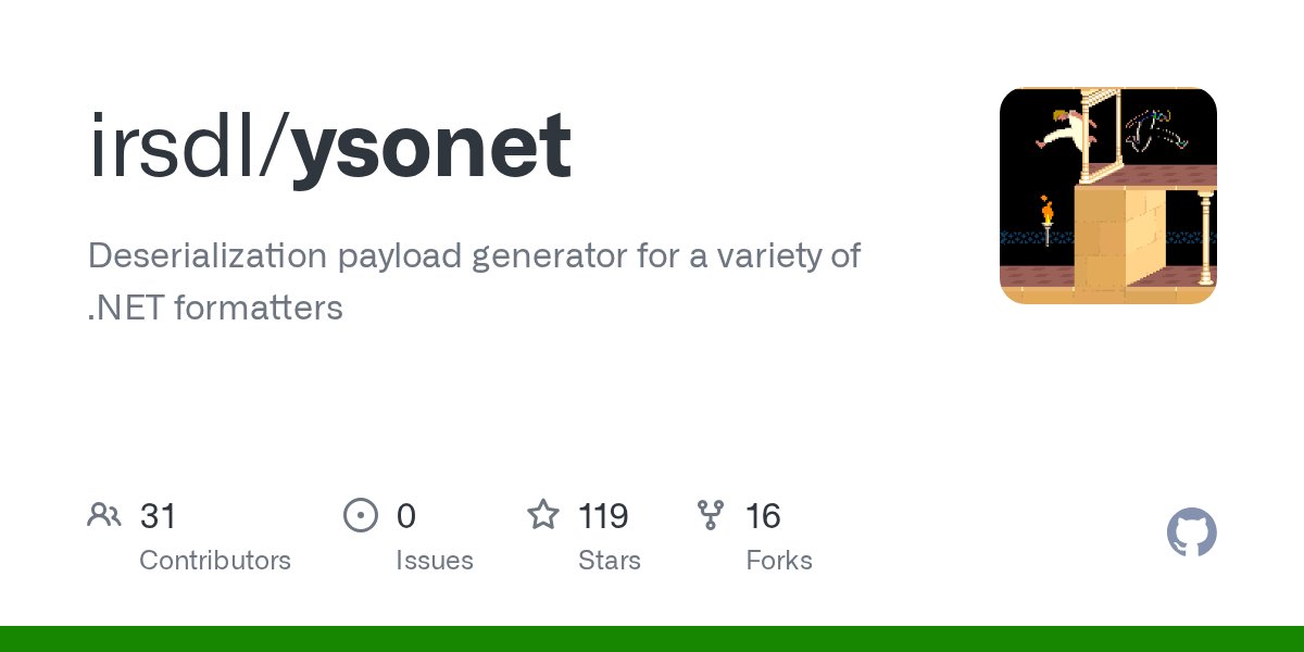 irsdl's tweet card. Deserialization payload generator for a variety of .NET formatters - irsdl/ysonet