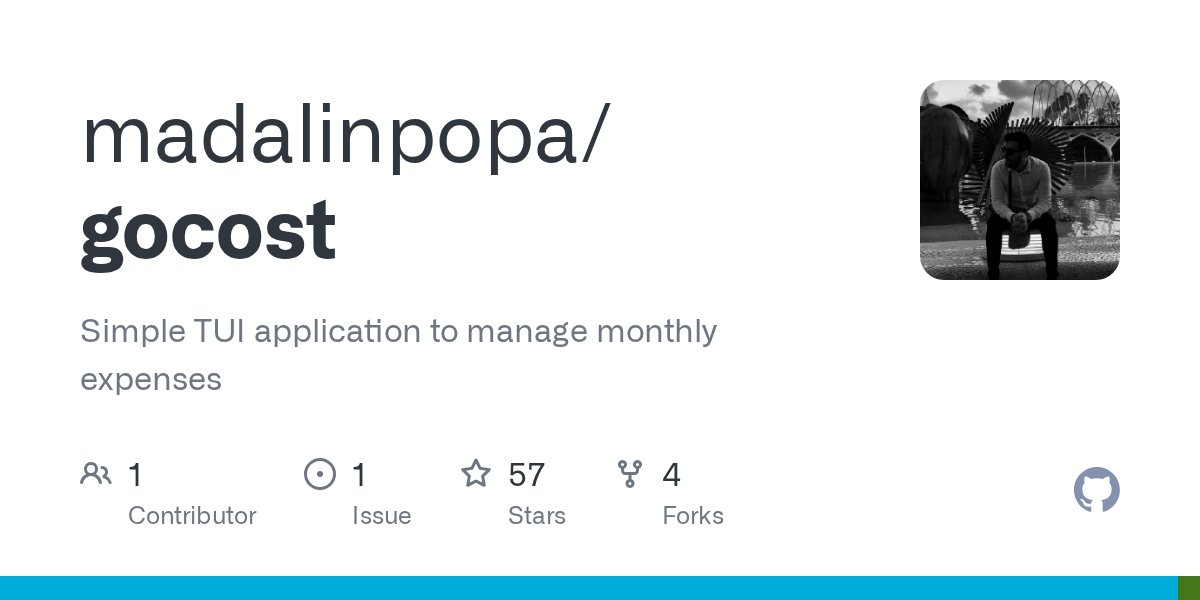 CodeRustle's tweet card. Simple TUI application to manage monthly expenses. Contribute to madalinpopa/gocost development by creating an account on GitHub.