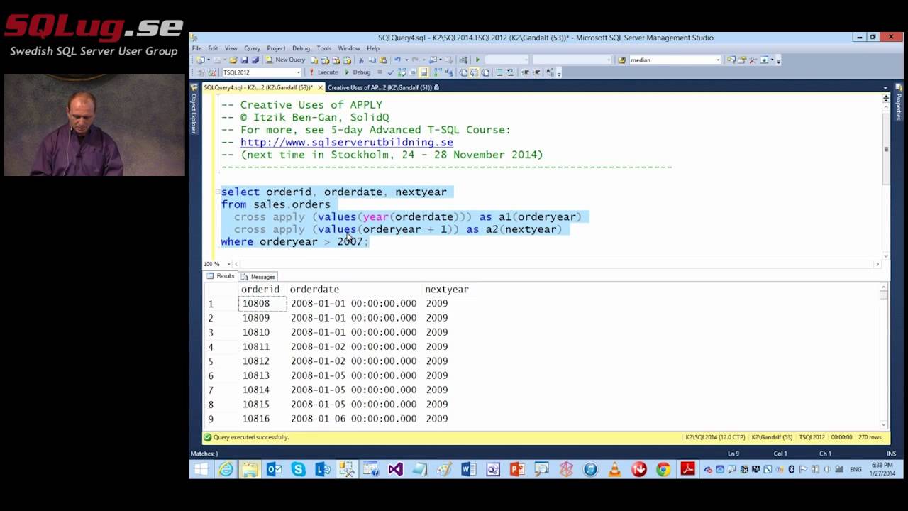 ItzikBenGan's tweet card. SQLug.se - Itzik Ben-Gan - Creative Uses of the APPLY Operator,...