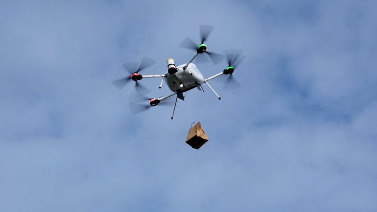 UKNewsTweets687's tweet card. The drones cruise at 232ft, carrying burgers and chips, fresh meat and eggs, with the packages dropped on a biodegradable string, but locals call the noise "very stressful" and compare it to helico...