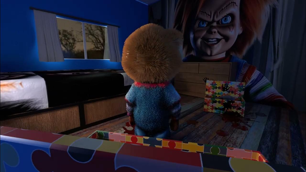 virtualfunart's tweet card. Chucky Toy in Bedroom | 3D Animation