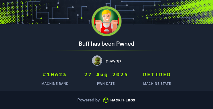 psyyop's tweet card. I have just owned machine Buff from Hack The Box