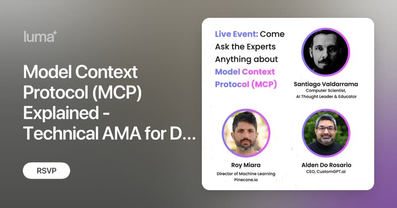 svpino's tweet card. Live AMA with Industry Experts Date: May 29, 2025 | 01:00 PM ET | 10:00 AM PT. Join experts from CustomGPT.ai, Pinecone, and the AI community for an…