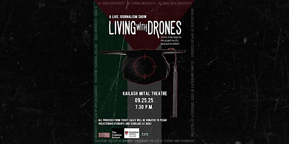 JSchool_CU's tweet card. An interactive live journalism show about the devastating and traumatic impacts of Israel’s use of drones in the besieged Gaza strip.