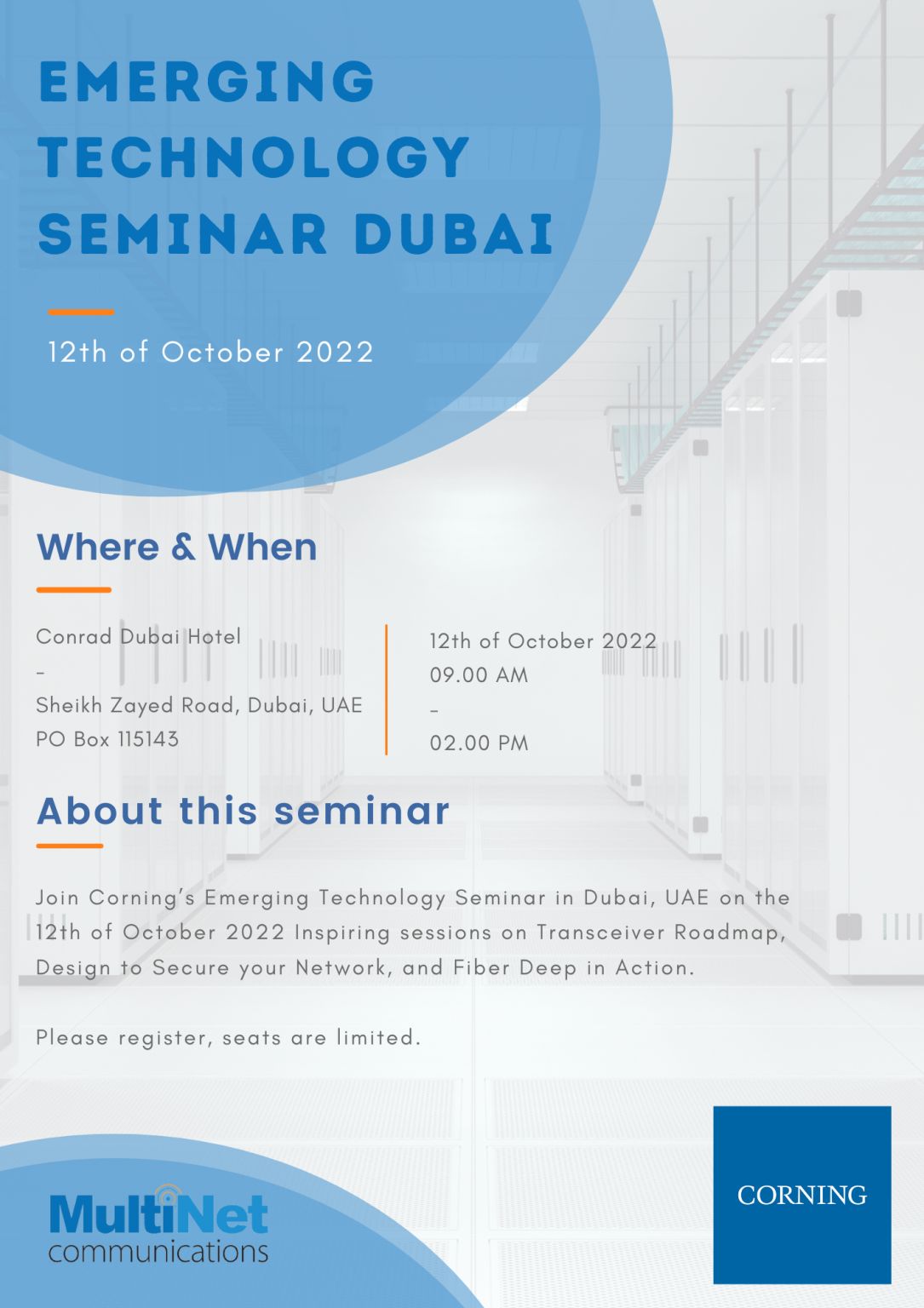 MultiNet_Com's tweet card. Join Corning Optical Communications' Emerging Technology Seminar in Dubai, UAE. Inspiring sessions on Transceiver Roadmap, Design to Secure your Network, and Fiber Deep in Action.  Please register,...