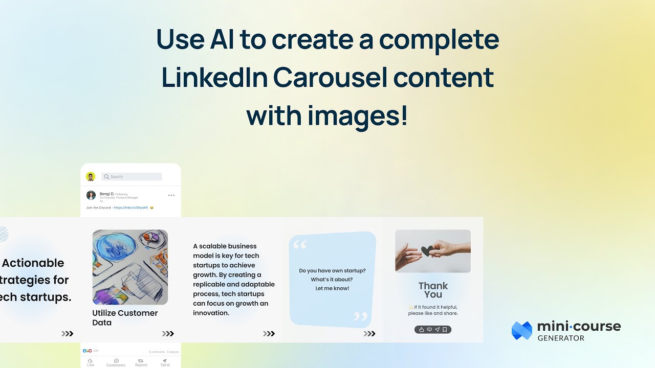 MiniCourseGen's tweet card. Creating LinkedIn Carousels with AI 🤖 v2! | Create Mini-Courses for...