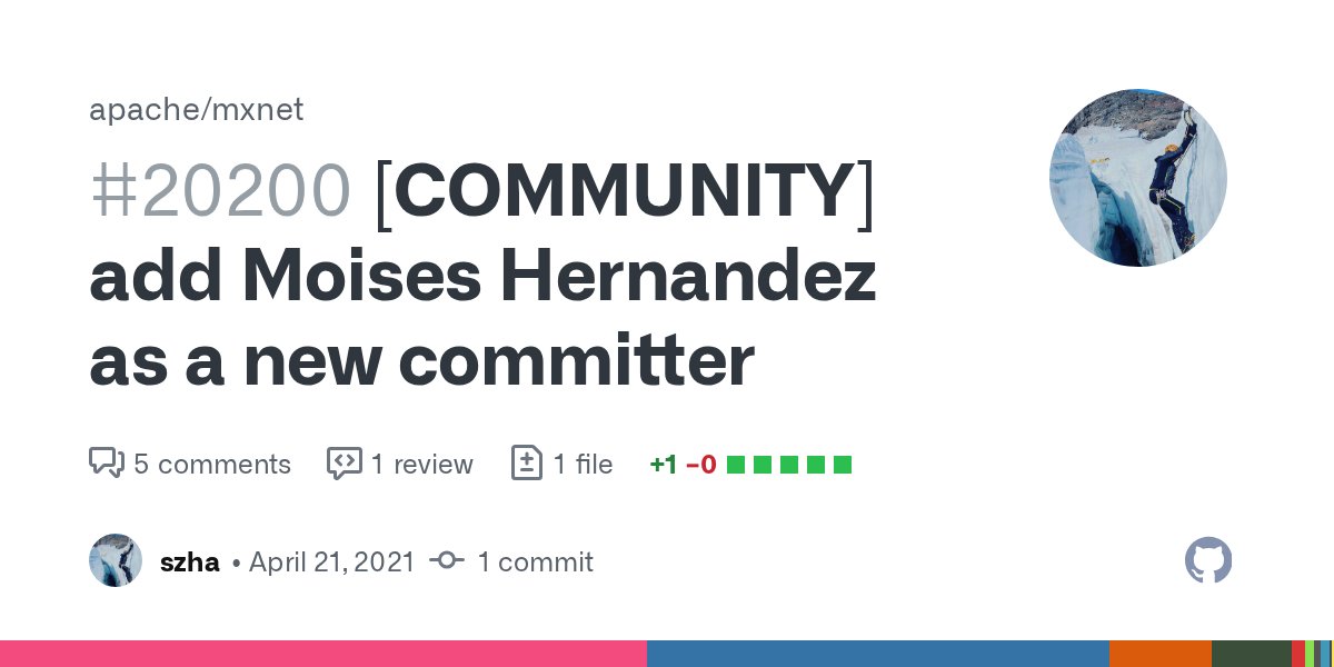 ApacheMXNet's tweet card. Description Please join me in welcoming Moises Hernandez (@MoisesHer) as a new committer of Apache MXNet! Moises has helped accelerate the BERT/Transformer-related operators in MXNet. He drives the...