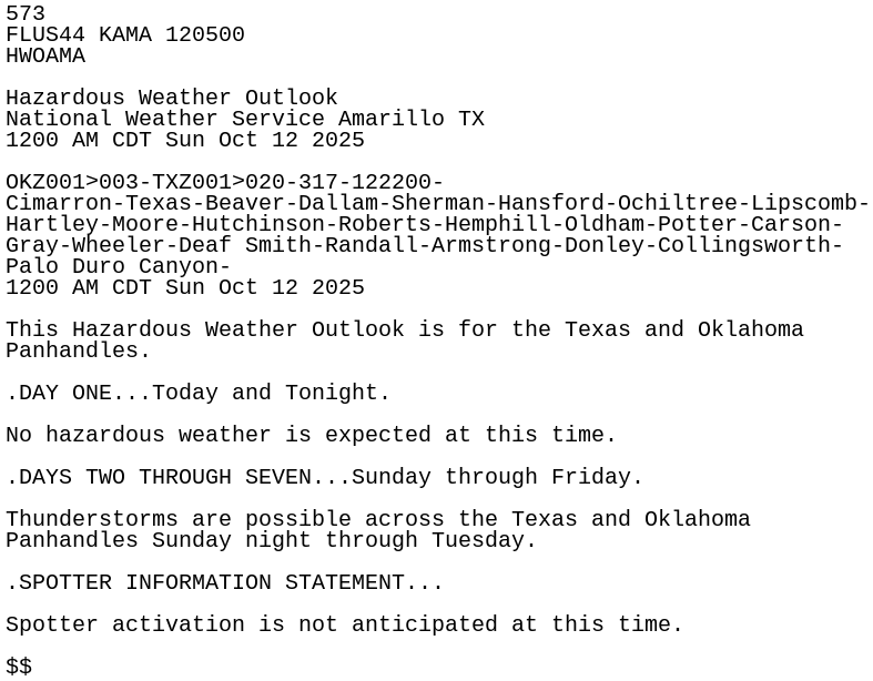 iembot_ama's tweet card. HWO issued by NWS AMA at 12 Oct 2025 05:00 UTC