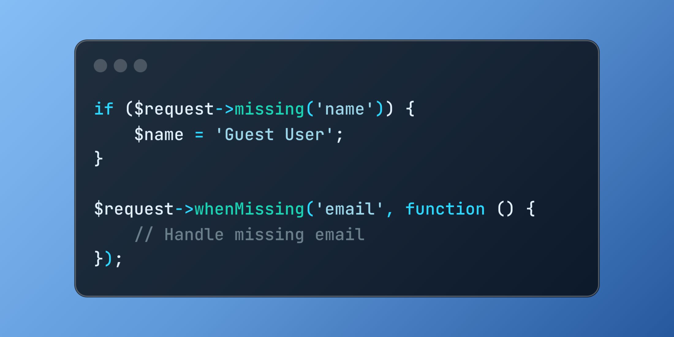 laravelnews's tweet card. Learn how to handle missing request data in Laravel using missing() and whenMissing(). Discover elegant ways to process optional fields and set default values.