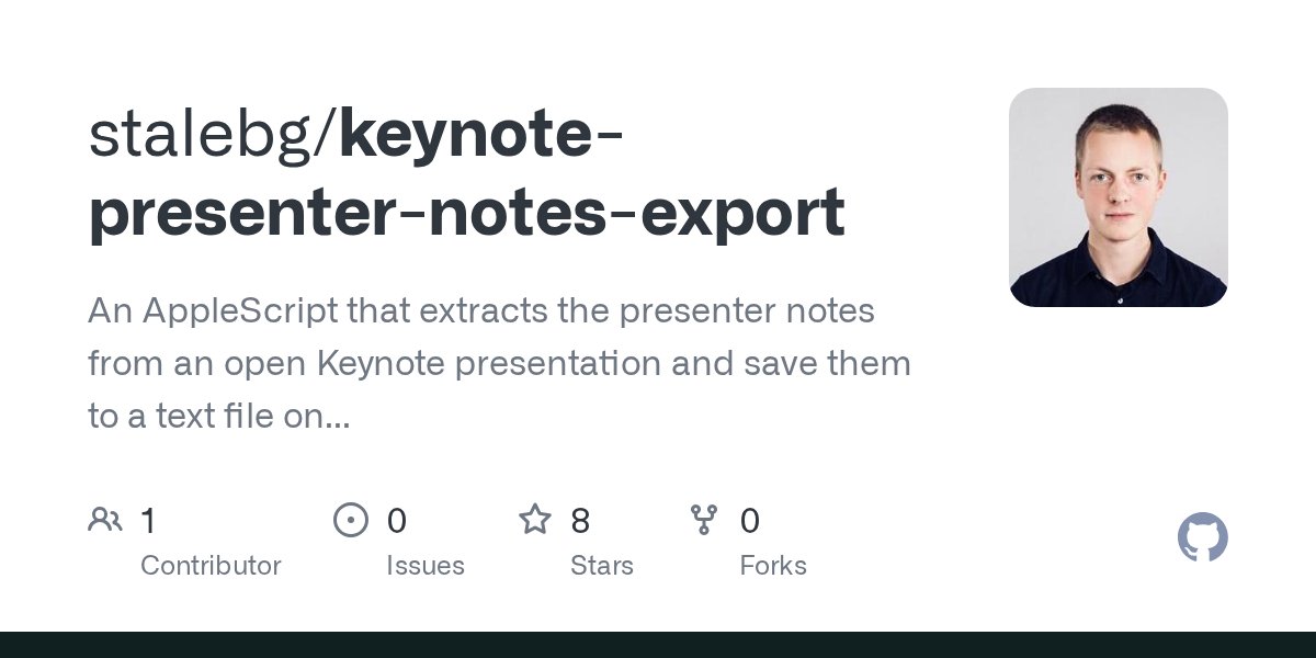 joreilly's tweet card. An AppleScript that extracts the presenter notes from an open Keynote presentation and save them to a text file on the Desktop. It also copies the presenter notes to the clipboard. - stalebg/keynot...