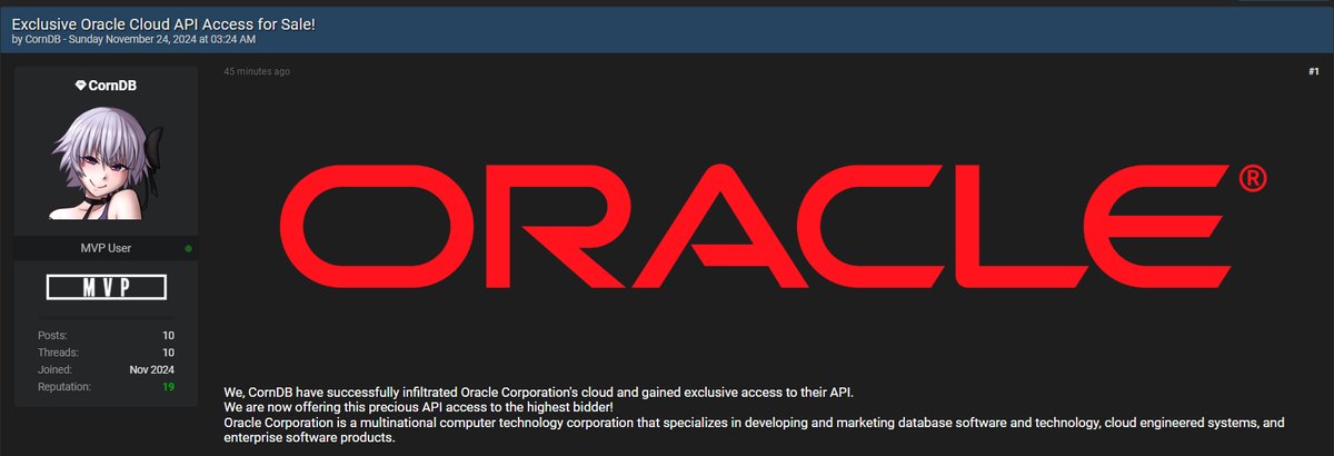 petikvx's tweet card. CornDB Claims to be Selling Access to an Oracle API