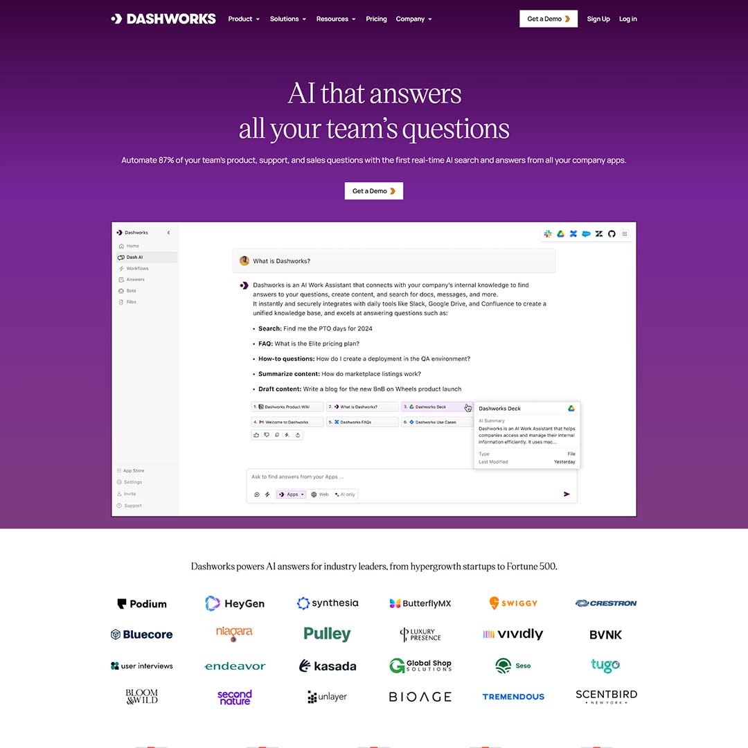 dcpwebdesigners's tweet card. Dashworks.ai is an AI-powered knowledge management platform designed to unify company information across various applications, enabling teams to access accurate and timely answers to their questions.